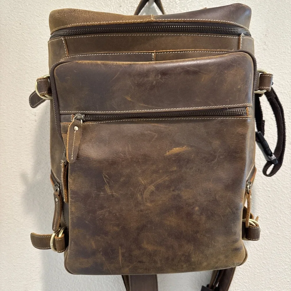 Leather Bag Laptop Backpack Genuine Rucksack Vintage Travel Men's Brown 13x14